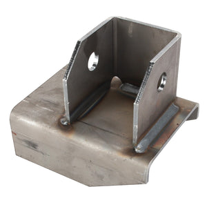 This image depicts the AGCO BRACKET - D28982549, a sturdy metal bracket with two vertical plates welded to a horizontal base, featuring two precisely cut circular holes for secure mounting.