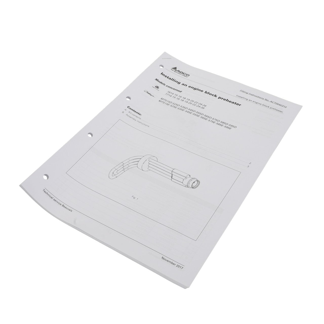 The technical document titled "AGCO | Fit.Instruction - Act0042310" includes a first-page diagram of the preheater. It does not include a current product description, and the document has three hole punches on the left side.