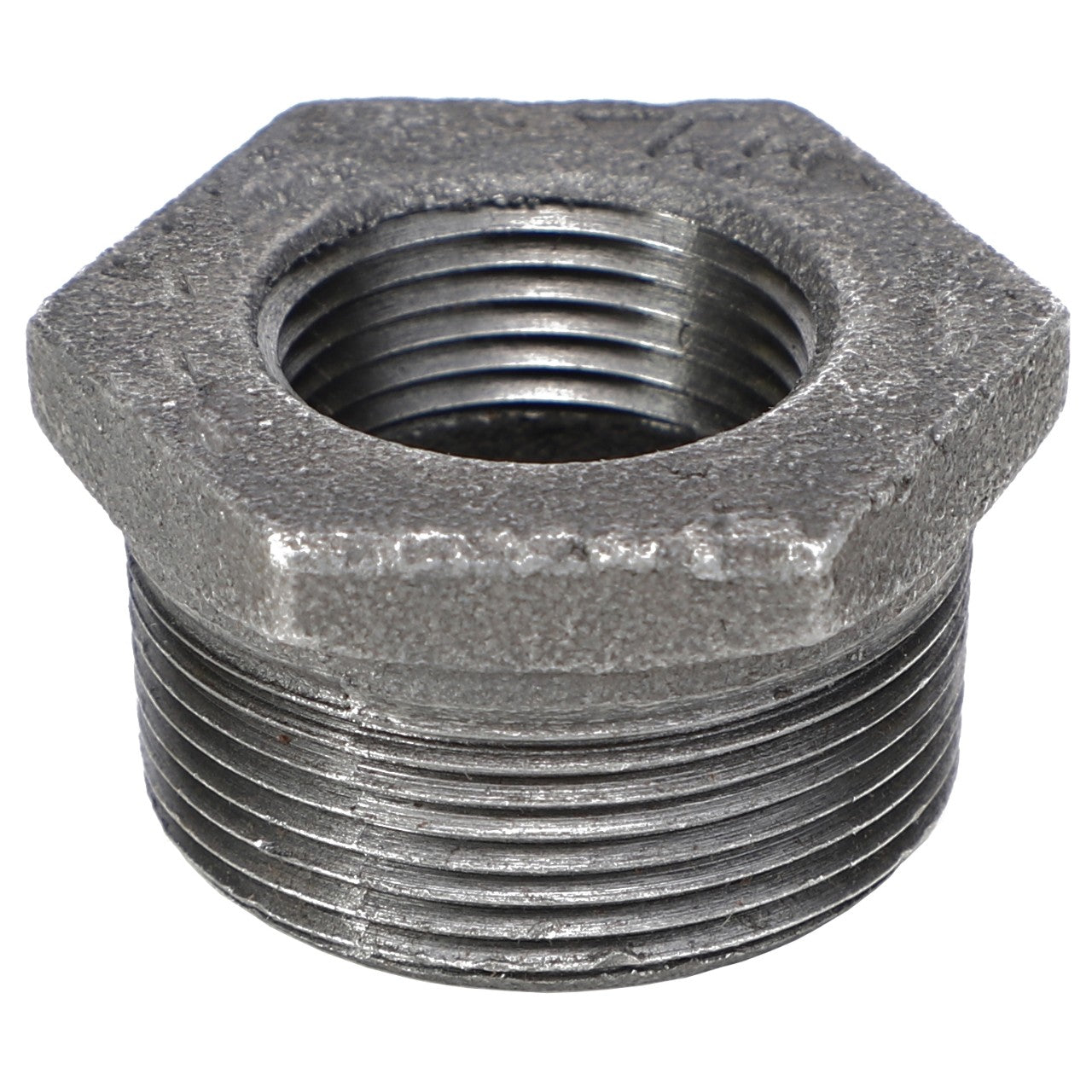 The AGCO | BUSH - AG561549 is a metallic hex bushing featuring both threaded internal and external portions.