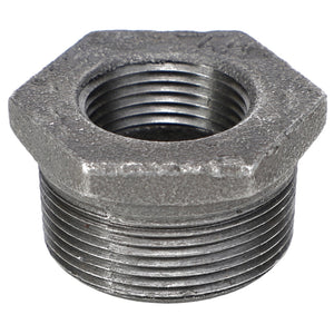 The AGCO | BUSH - AG561549 is a metallic hex bushing featuring both threaded internal and external portions.