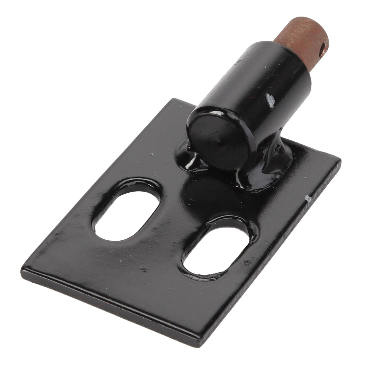 The AGCO BRACKET - D28981494 from the brand AGCO is a black metal hinge plate with two oval holes and a cylindrical hinge pin, shown on a white background. No current product description available.