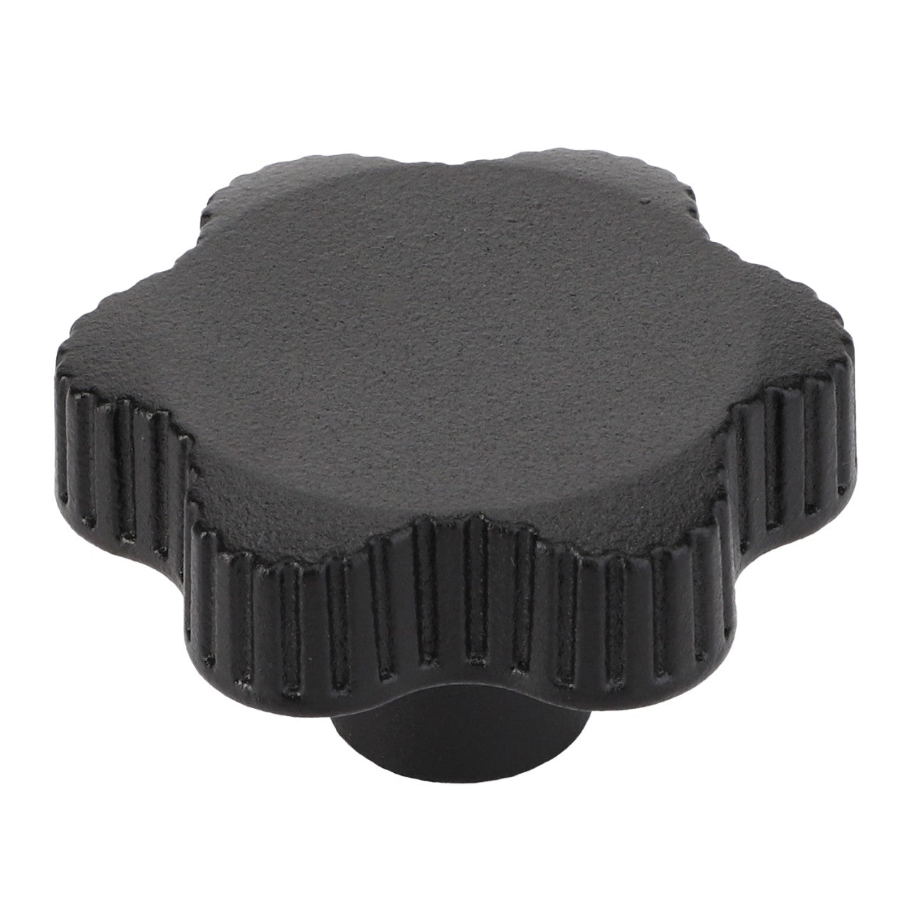 This is the AGCO Thumbwheel - Acw053034A, a black plastic, star-shaped knob featuring a textured edge and a central cylindrical base from the reputable brand, AGCO.