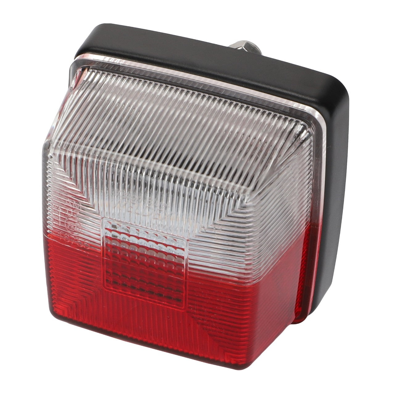 A rectangular vehicle tail light from AGCO, the Lamp - Acw1518890 model, featuring a clear upper half and a red lower half, enclosed in sleek black and chrome housing.