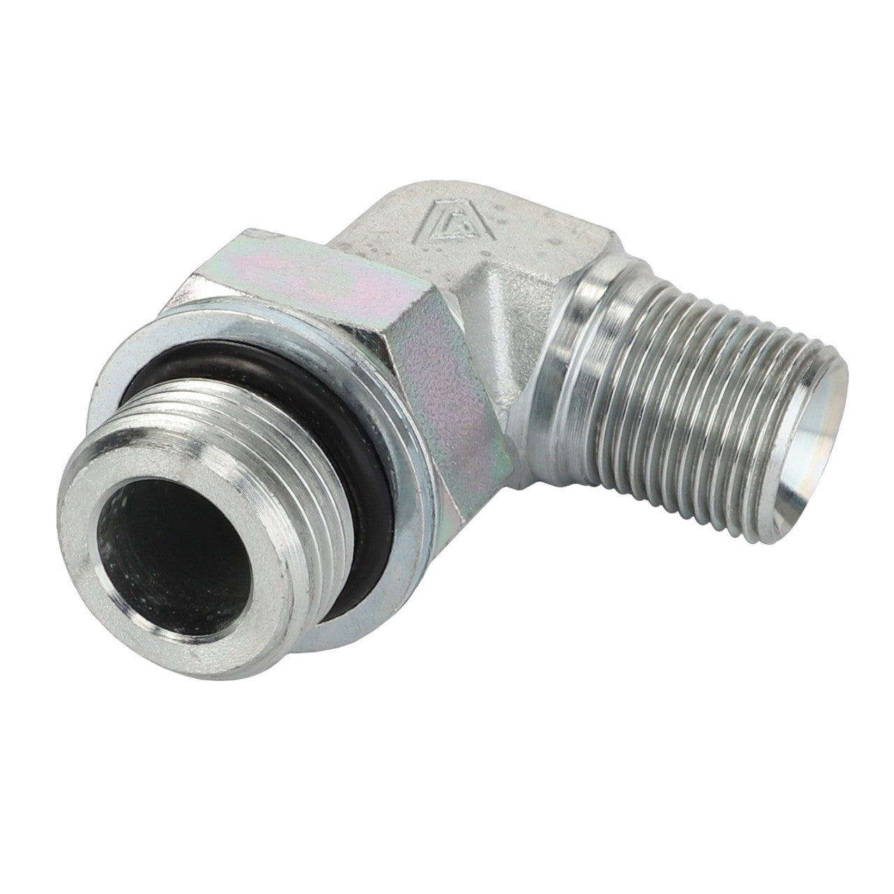 Here is a close-up of the AGCO Adapter - Acp0295900, a metallic elbow pipe fitting equipped with a threaded male end and a hexagonal nut, designed for connecting pipes at a 90-degree angle. No current product description available.