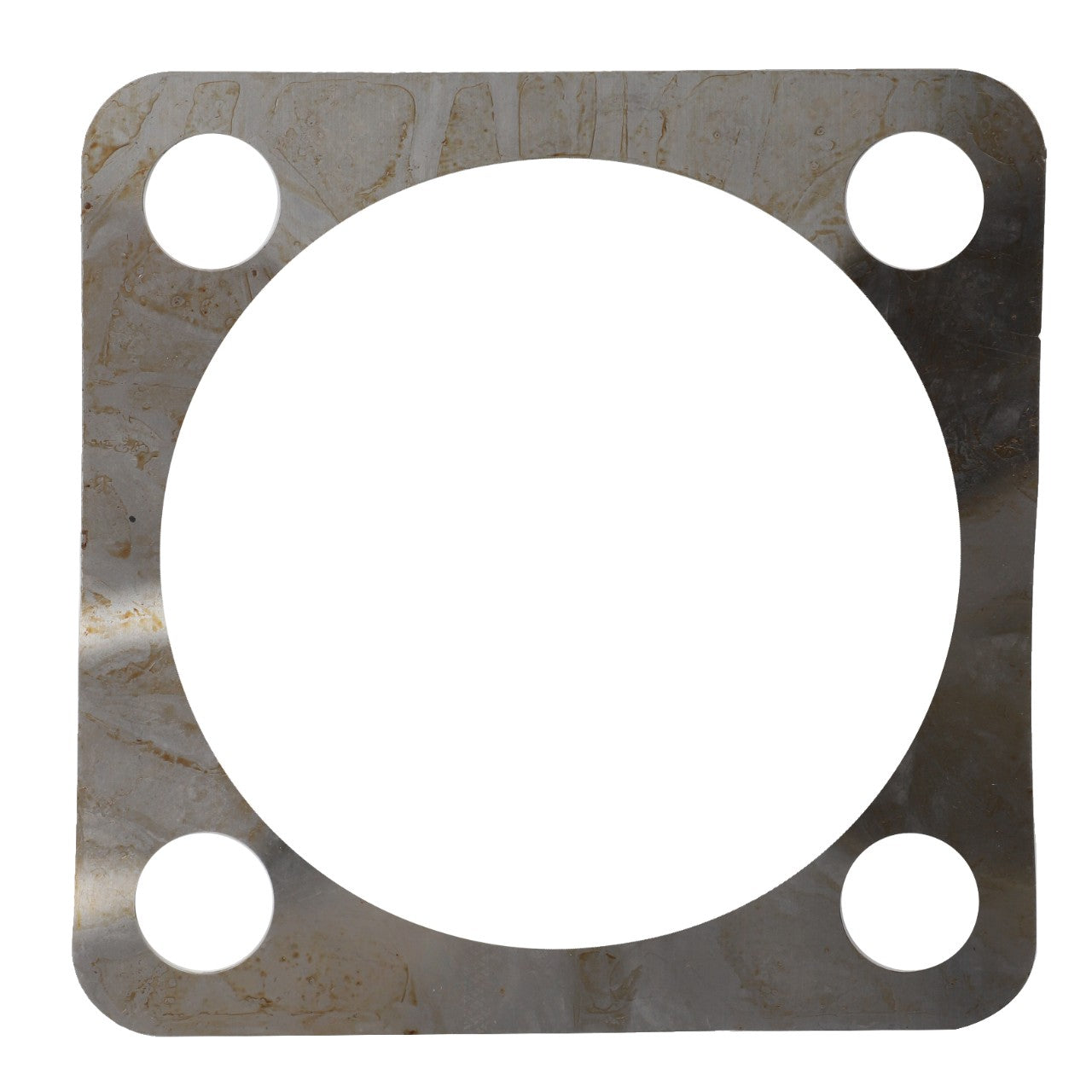 The AGCO | SHIM - F716300020510 from AGCO is a metal gasket with a square outer shape, featuring a central circular cutout and four circular holes located at each corner.