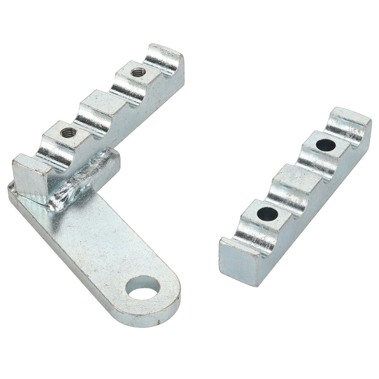 The AGCO Clamp - Acp0335540 consists of two silver metal brackets featuring multiple ridges and holes designed for mounting or fastening. One of the brackets includes a large circular hole at its base. No current product description is available for these specific brackets from the AGCO brand.