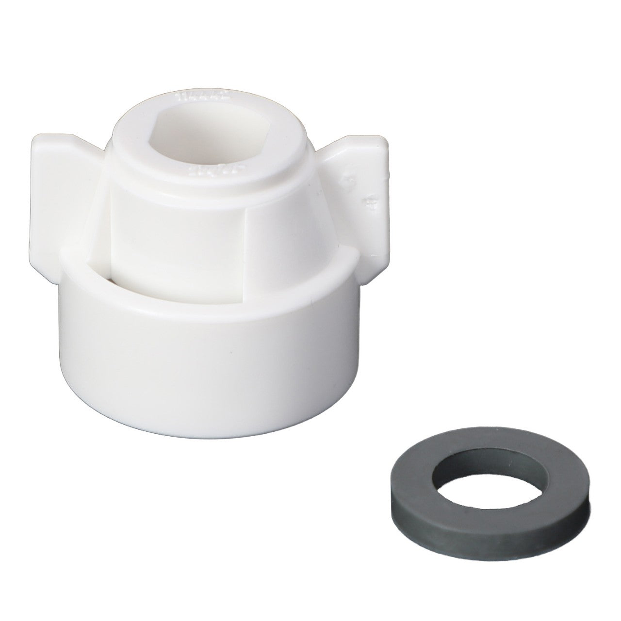 A white plastic fitting with two small protruding tabs and a separate grey ring from AGCO (AGCO | CAP - AG429121) displayed on a white background. No current product description information available.