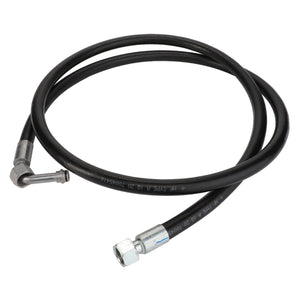 Product: AGCO | WARNING DECAL - ACP0544060, a coiled black hydraulic hose equipped with metal connectors at both ends: one featuring a right-angle fitting and the other with a straight fitting.
