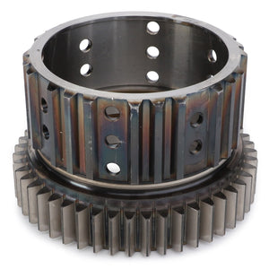 A metal cylindrical pinion gear with evenly spaced holes and teeth, specifically identified as the AGCO | Pinion Gear - 3796536M92, which is likely a component used in a Massey Ferguson Model or other mechanical or automotive equipment.