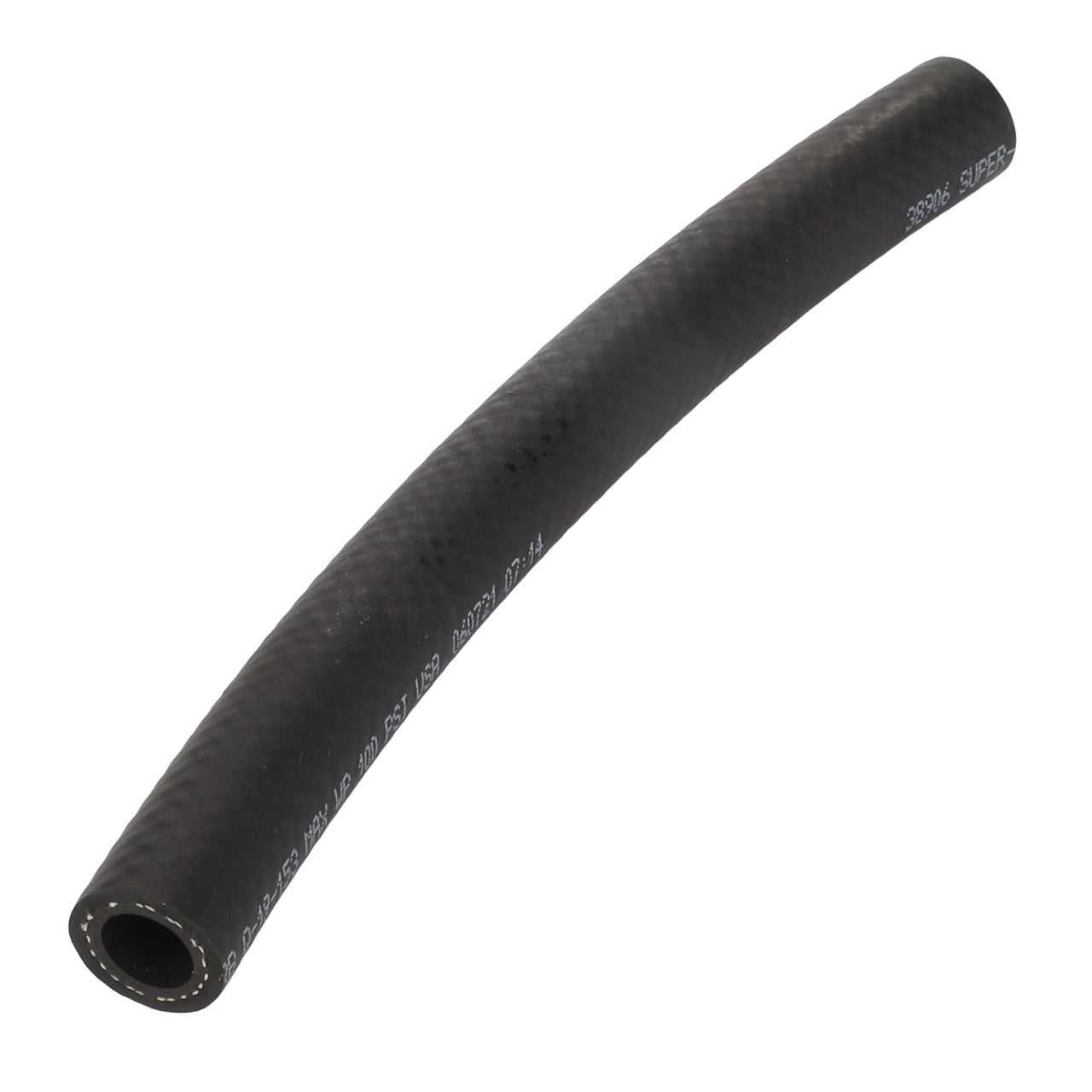 A black, flexible rubber hose with a textured surface, slightly curved and featuring visible cut edges on both ends, known as the AGCO Hose - Acp0669020 from the AGCO brand.