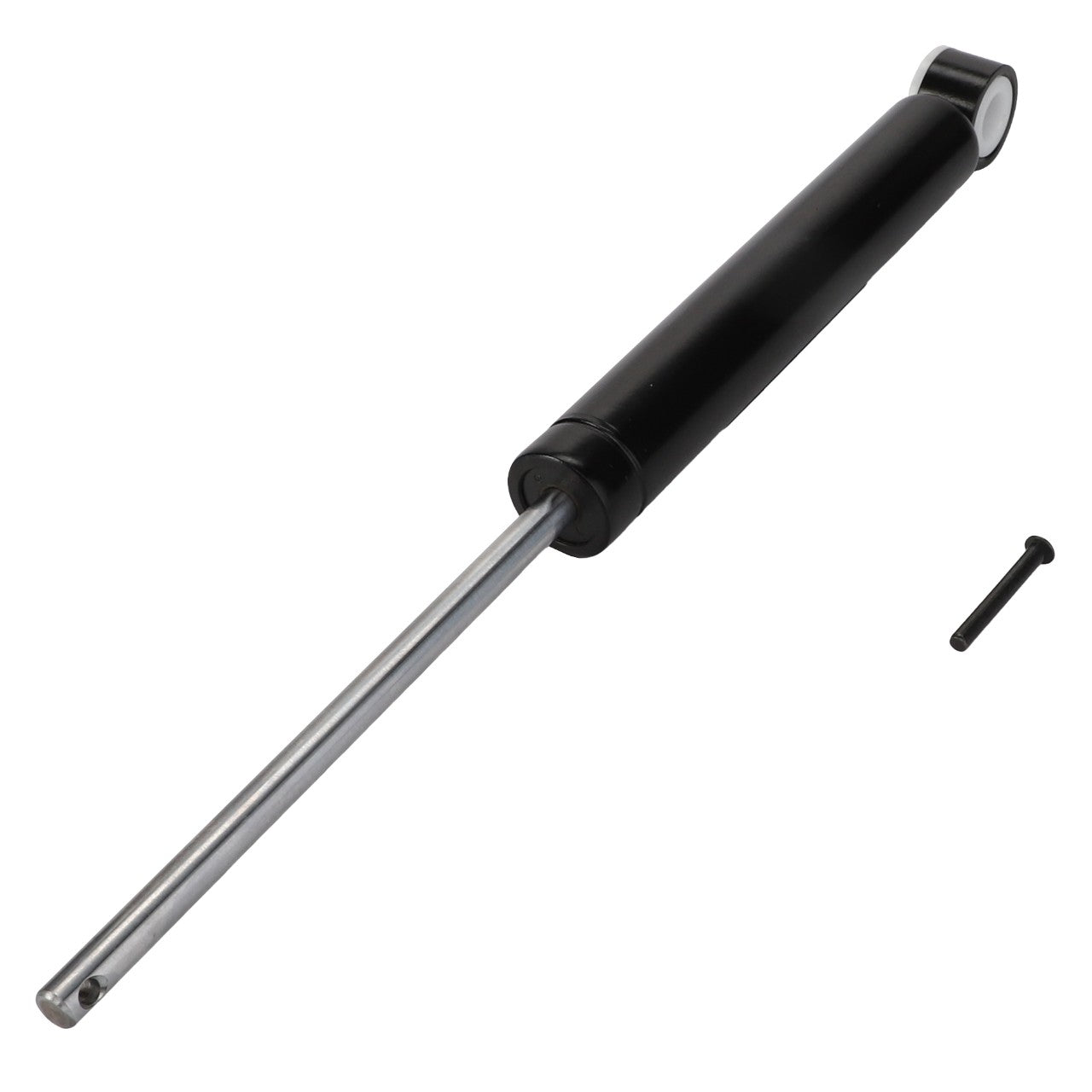 A sleek black AGCO gas spring, featuring an extended metal rod, complemented by a separate small black screw placed nearby, known as the Shock Absorber - F248500031190.