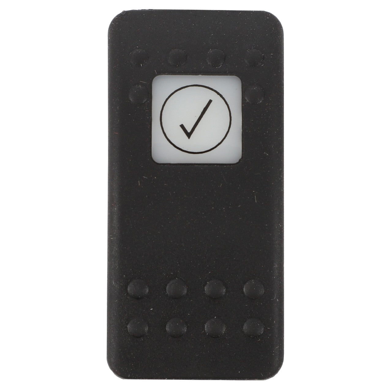 A sleek black rectangular button, AGCO SWITCH - D44900891, featuring a raised checkmark symbol situated inside a square on its smooth surface.