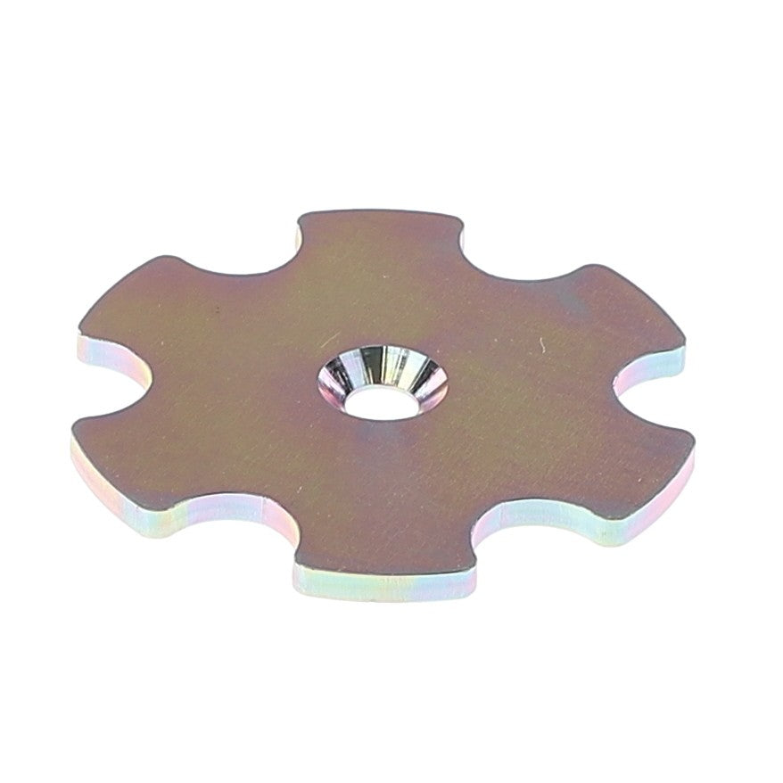 The AGCO Wheel Plate - Acx0090460 is a metallic, six-pronged sprocket with a central hole and a faint rainbow sheen.