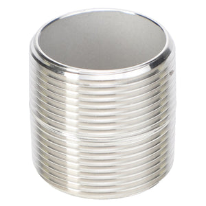 The AGCO | CLOSE NIPPLE - AG710514 is a shiny, cylindrical metal coupling featuring threaded ridges on the exterior.