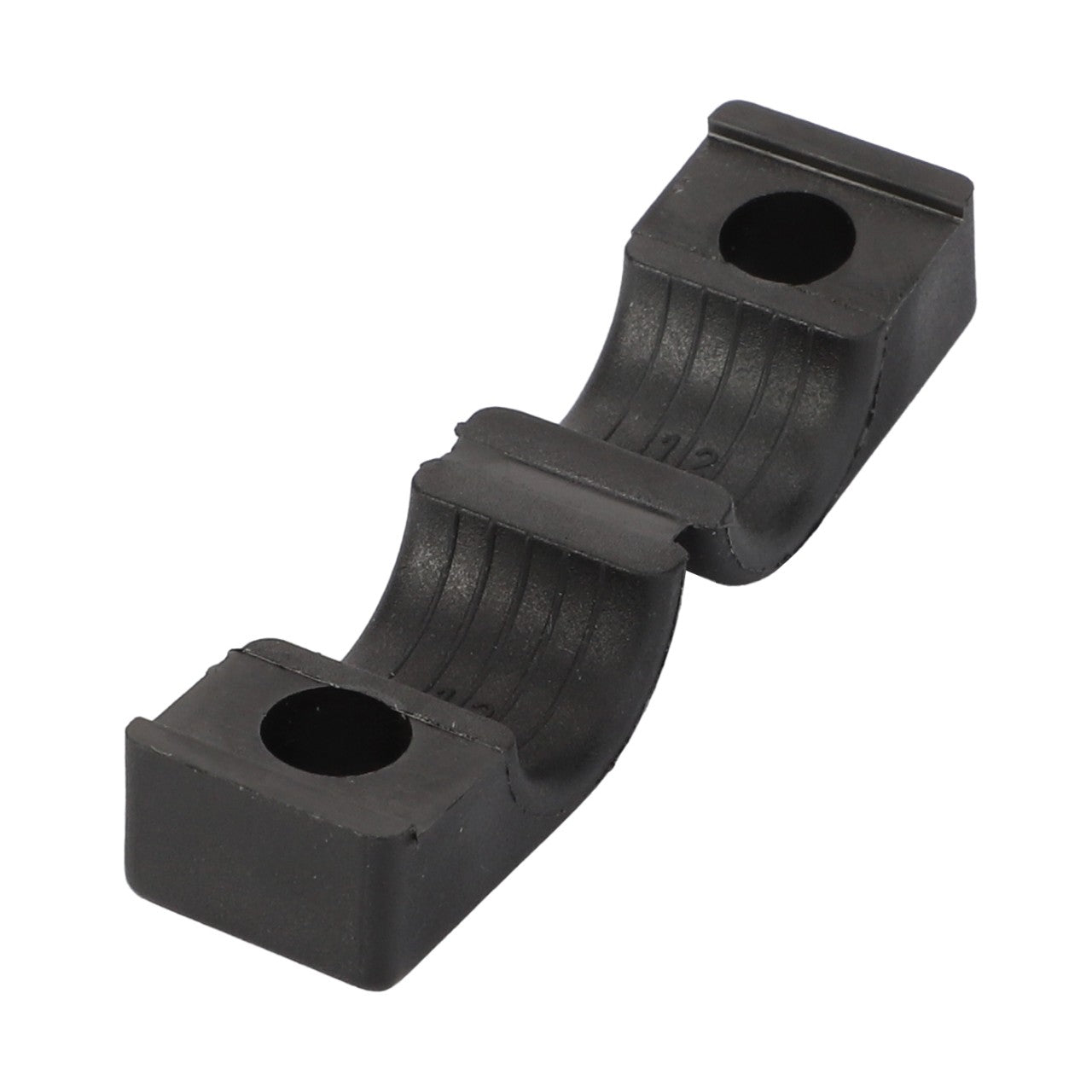 Introducing the AGCO Clamp - Acp0670150, a black rubber pipe clamp with two holes designed to securely hold pipes in place. Brought to you by the trusted brand AGCO.