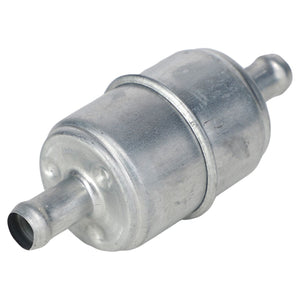 The Fuel Filter - 700715386 from AGCO is a cylindrical, silver metal engine filter measuring 110 mm in length and 44 mm in width, featuring inlet and outlet nozzles on each end.