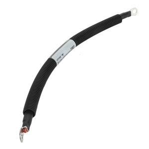 The AGCO | CABLE - ACP0534400 is a durable, coiled black wire featuring metal connectors on both ends and exposed copper in one connector, making it ideal for various electrical or mechanical applications.