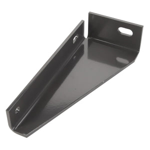 The AGCO | BRACKET, RIGHT HAND - D28186324 is a metal shelf bracket with a triangular shape. It features two mounting holes on the vertical sides and an additional oval hole on the top for easy installation. The bracket is painted in gray to ensure durability and a sleek appearance.