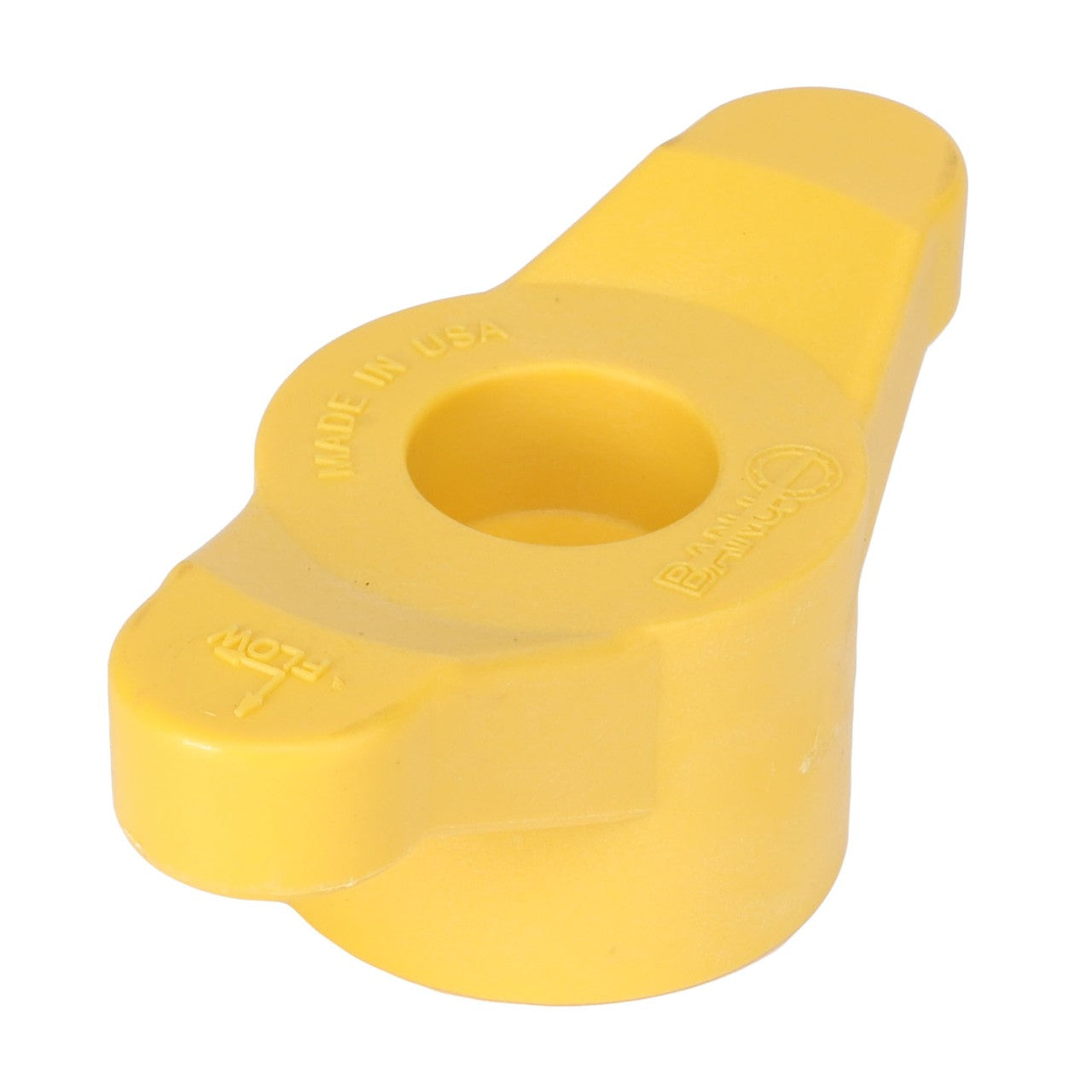 A yellow plastic valve handle labeled "AGCO" and "Made in USA," ergonomically designed for fluid control systems, ensuring precision and ease of use.