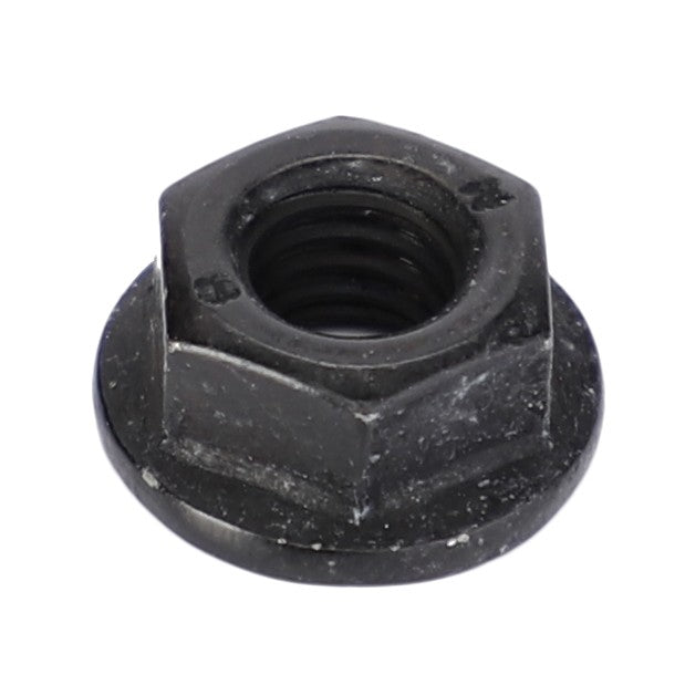 A close-up image of the AGCO Hex Flange Nut (Acw0863270) in black metal, featuring an integrated washer.