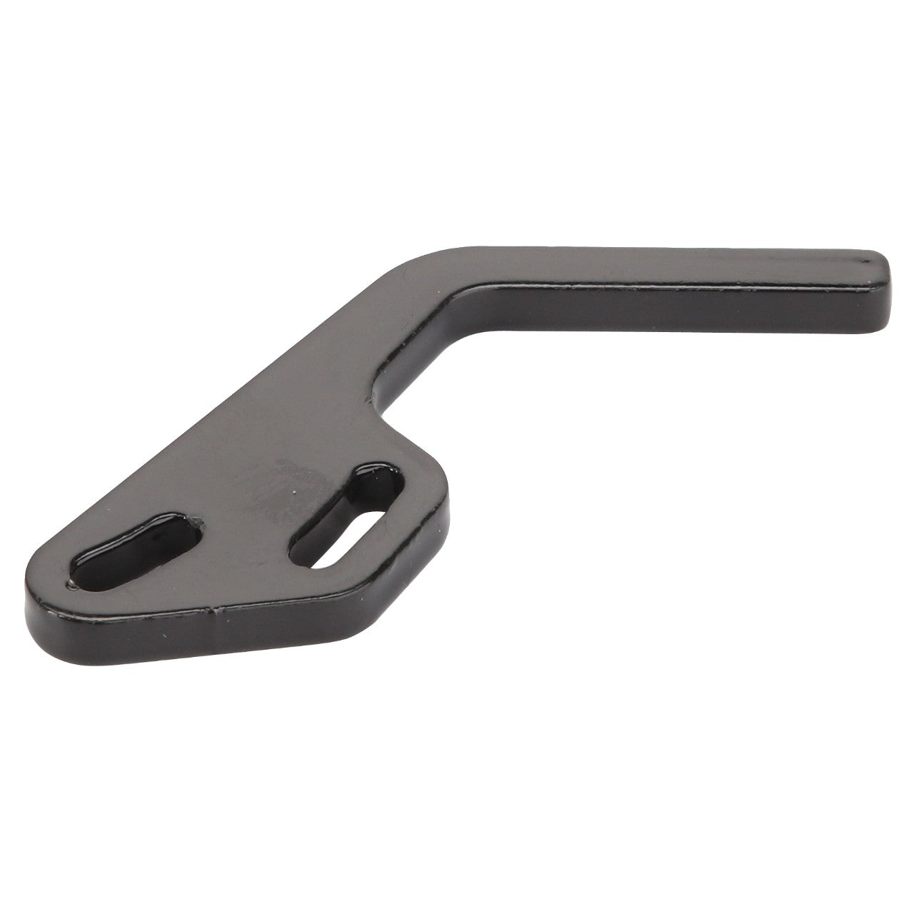 The AGCO Lever - Acw2280410 by AGCO is a black, L-shaped metal bracket featuring two elongated holes on the flat side, designed for versatile mounting options.