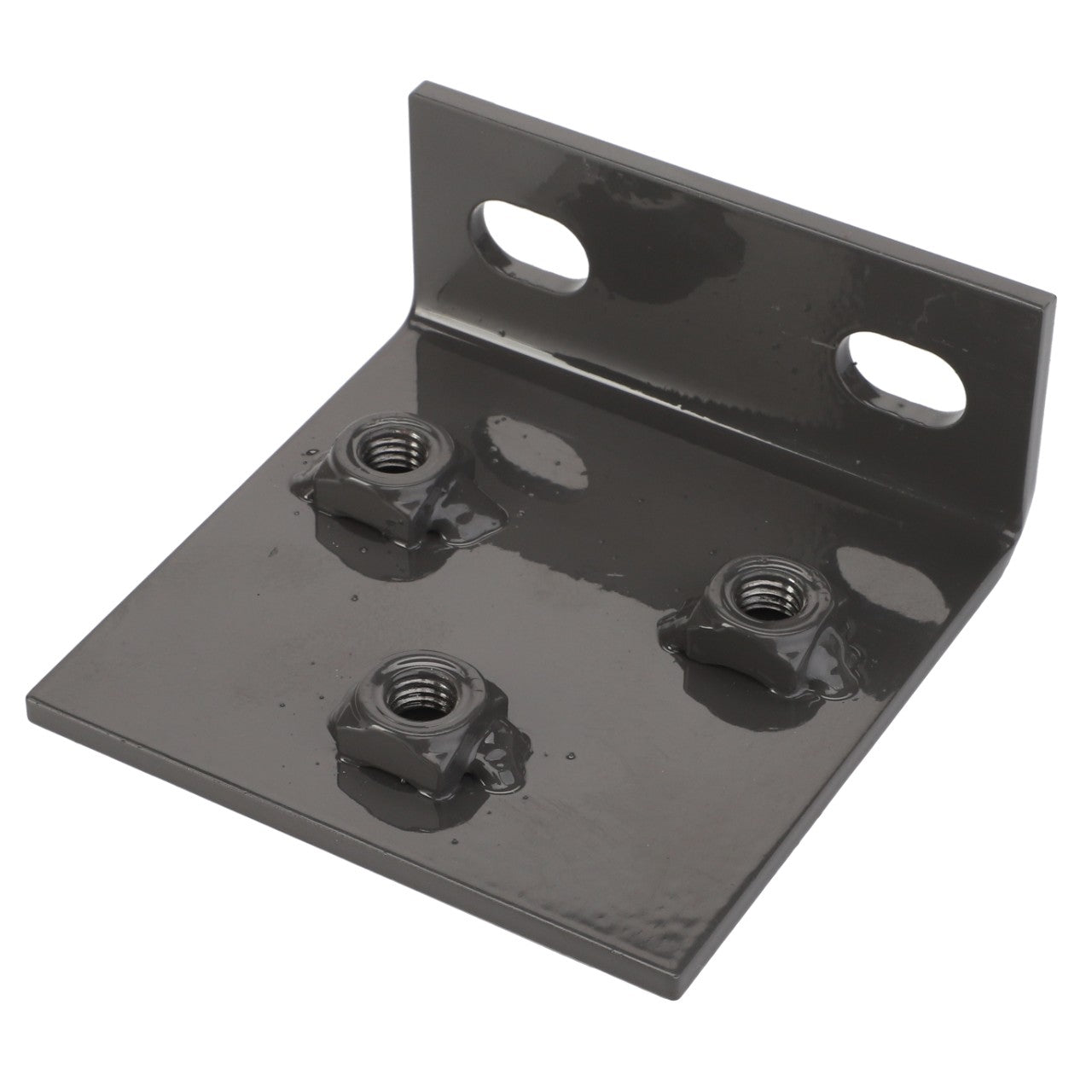 The AGCO Angle Bracket - D28480114, a grey metal L-bracket from AGCO, features three welded nuts securely attached and two elongated mounting holes at the top. No current product description information available.