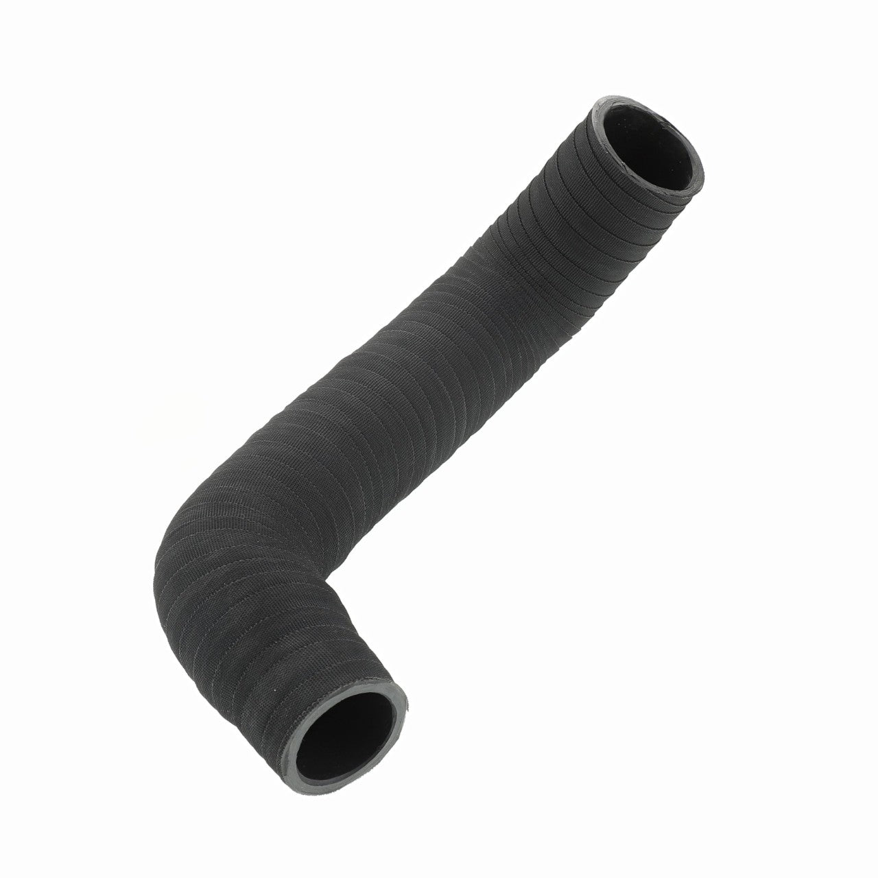 A black, L-shaped rubber hose with ridges—AGCO Radiator Hose - Acw283263A by AGCO.