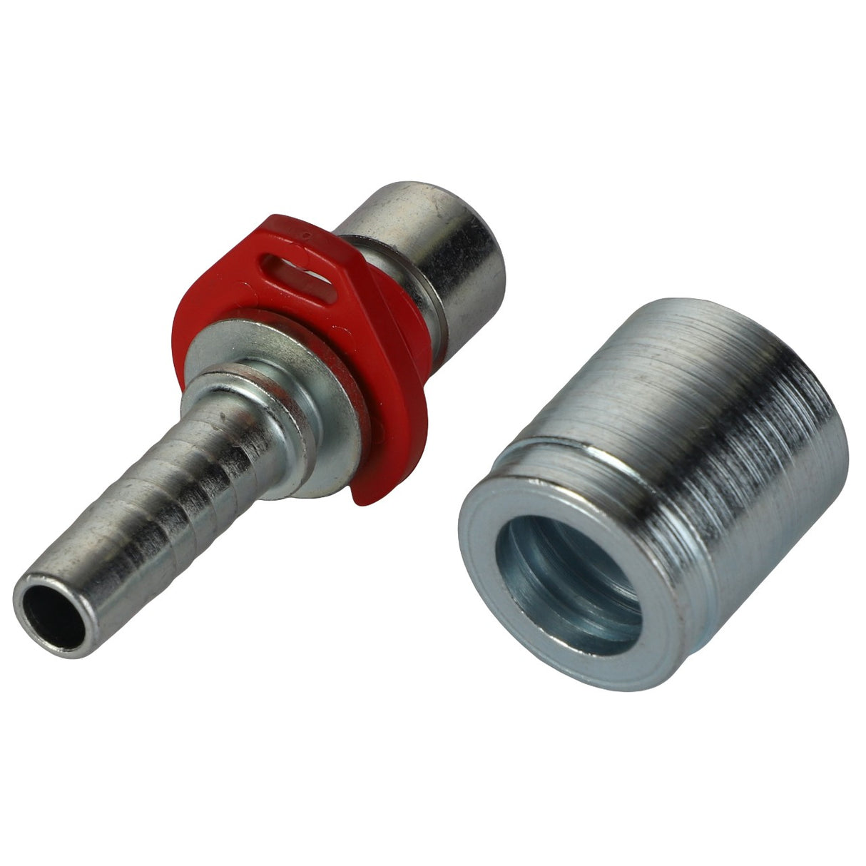 Two metallic hose fittings: one featuring a red plastic connector and ribbed end, and the other a threaded coupler. These original AGCO Loader Hose Fittings (Product Name: AL4500382) from AGCO are essential for maintaining your front loader's efficiency.