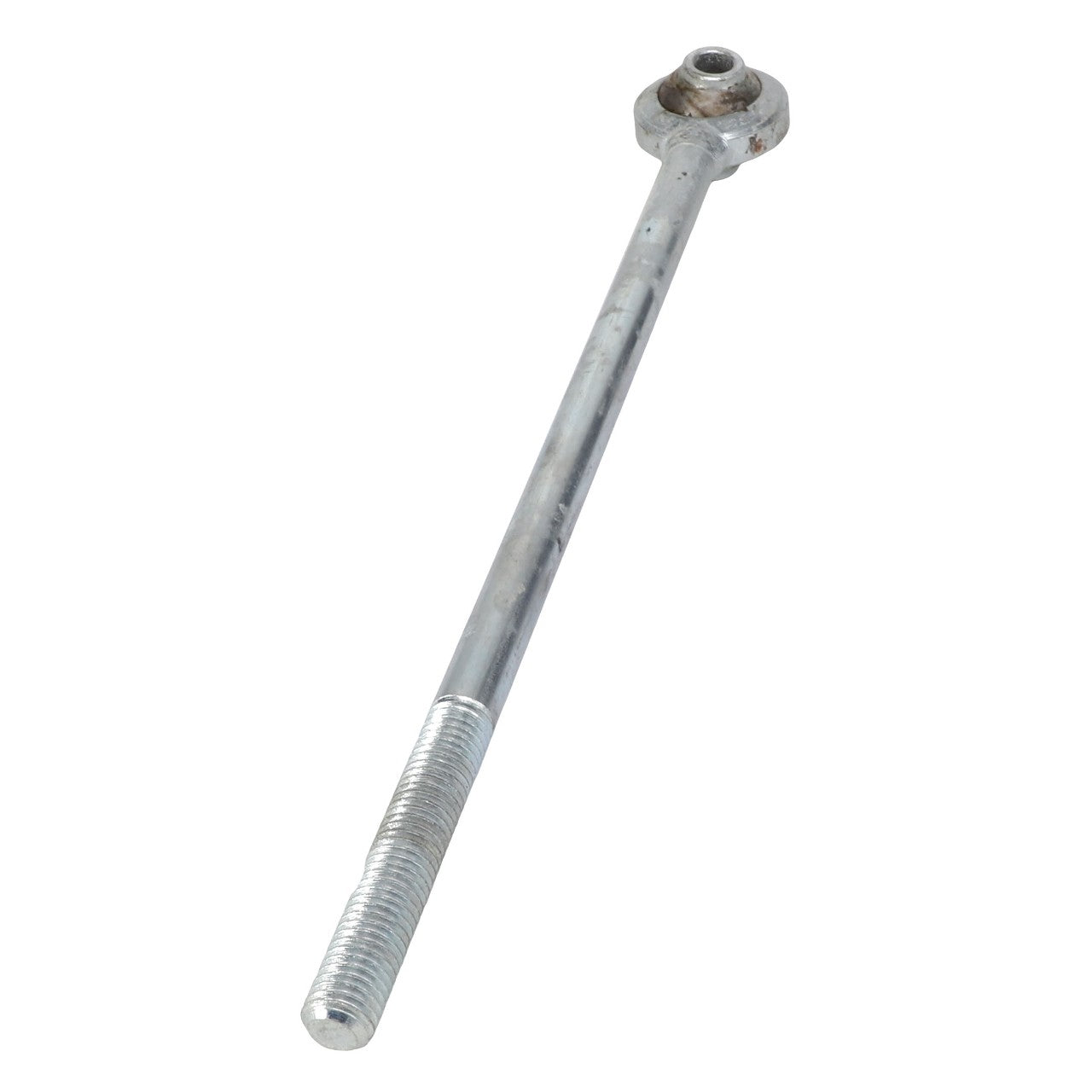 The AGCO | Threaded Rod - Acx014975A is a steel rod with threaded ends and a circular eye at the top, commonly used for structural support and connection in various mechanical applications.