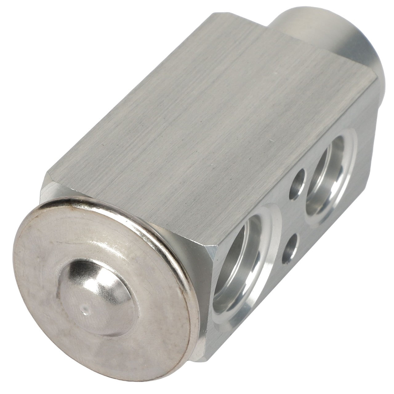 The AGCO | Expansion Valve - Acw0932950 is a metal automotive part featuring a hexagonal body, a circular end cap, and multiple holes for connections. There is currently no detailed product description available.