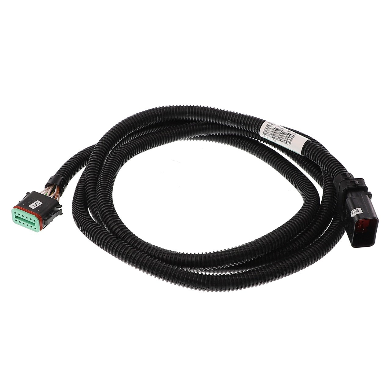 The AGCO Harness - Acx3140220 is a coiled black electrical cable that features connectors at both ends: one end has a black rectangular connector, while the other end has a notable black and green oblong connector. Currently, there is no additional product description information available.