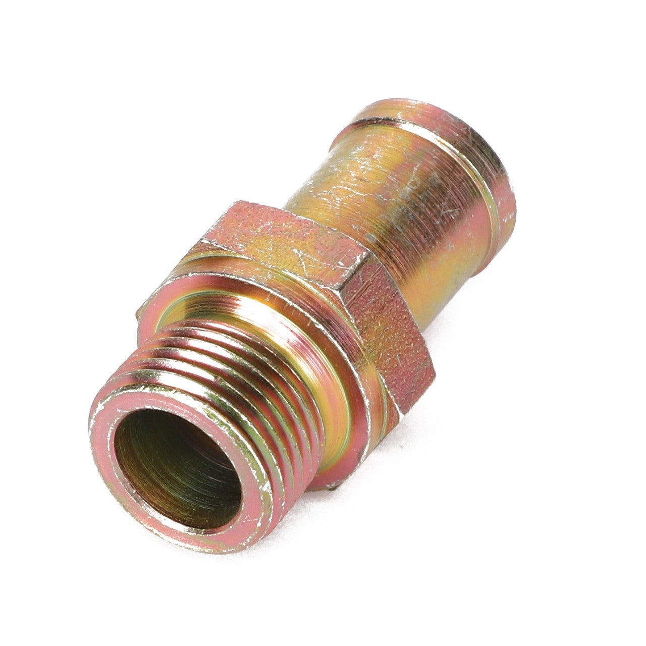 Introducing the AGCO Hose Coupler - V836119837: A high-quality brass threaded pipe adapter featuring a hexagonal section in the middle, designed to connect two different sizes of threaded pipes.