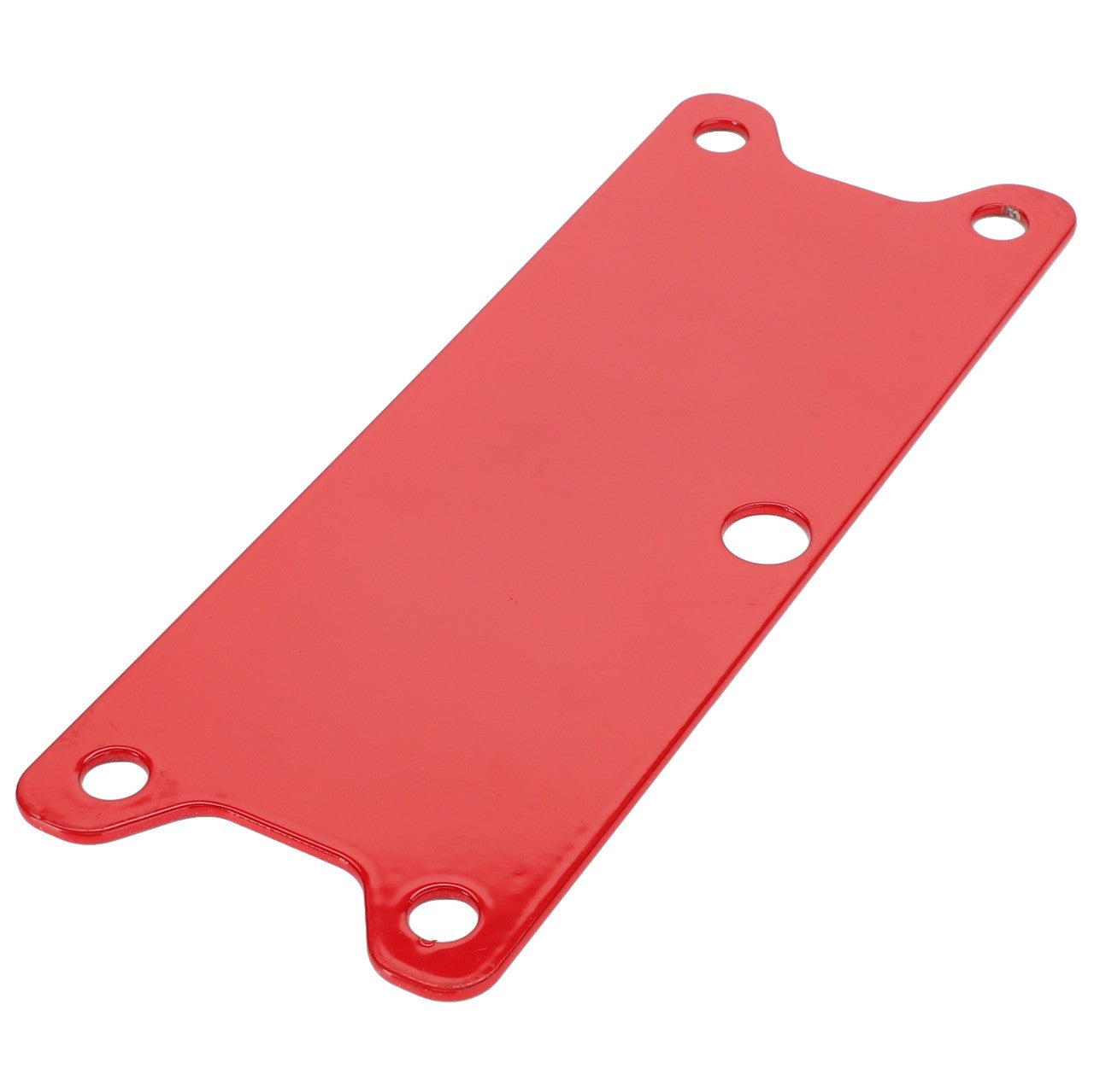 AGCO's ADJUSTING SHIM - ACY1120460: A precision-crafted red rectangular metal plate with five holes—one in the center and four near the corners.