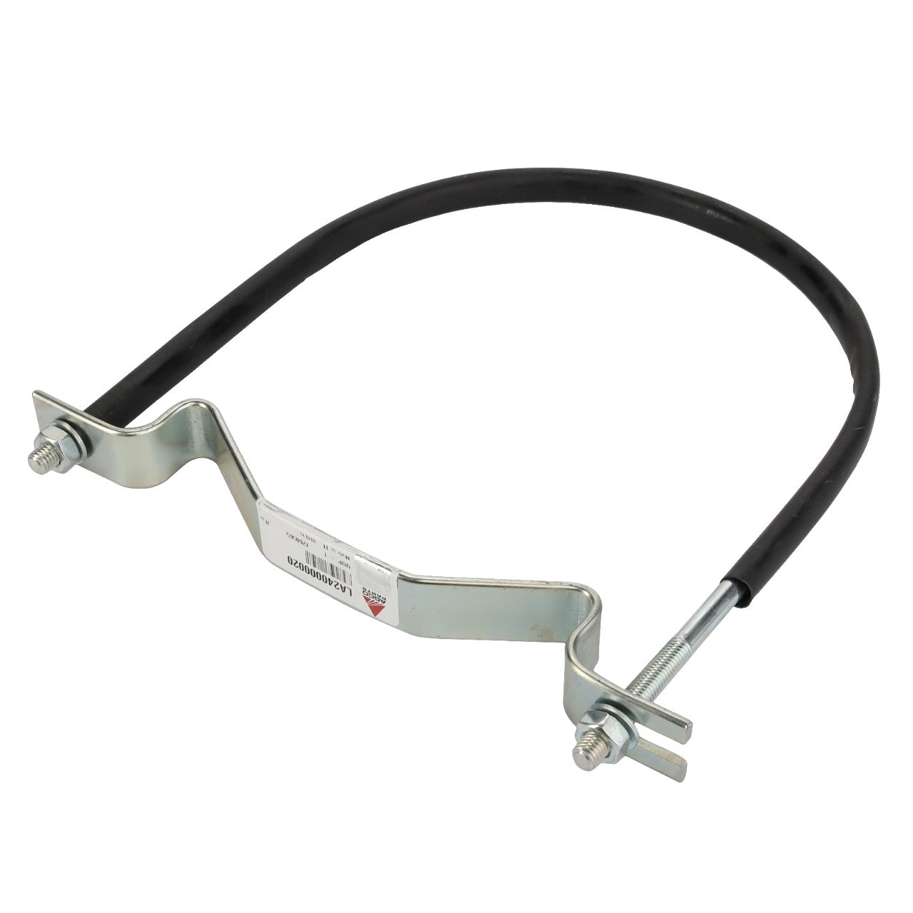 The AGCO Clamp - La240000020, a U-shaped metal pipe hanger featuring a black rubber sleeve and bolt fasteners on each end, is perfect for secure and insulated pipe mounting.