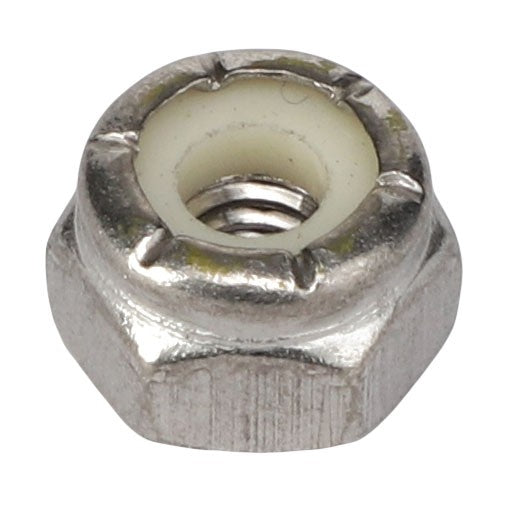 The AGCO | HEX NUT - AG563176 is a metal hex nut featuring a white nylon insert; additional product description information is currently unavailable.