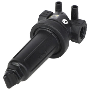 AGCO | STRAINER - AG053057 features a black cylindrical body with three connection ports, and a CE mark on its top. For any product questions or ordering inquiries, please contact support.