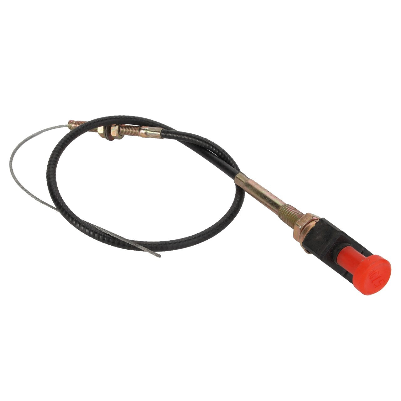 A metal push-pull control cable named AGCO | CABLE - ACY1134150, with a red knob at one end, encased in a black protective sleeve, and a metal connector on the other end. No information available about its origin or manufacturer.