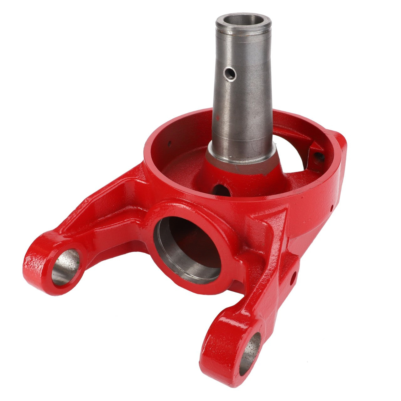 A metal automotive knuckle with a red-painted finish, featuring two mounting holes and a central spindle, known as the AGCO Rotor Head Fel15175101.