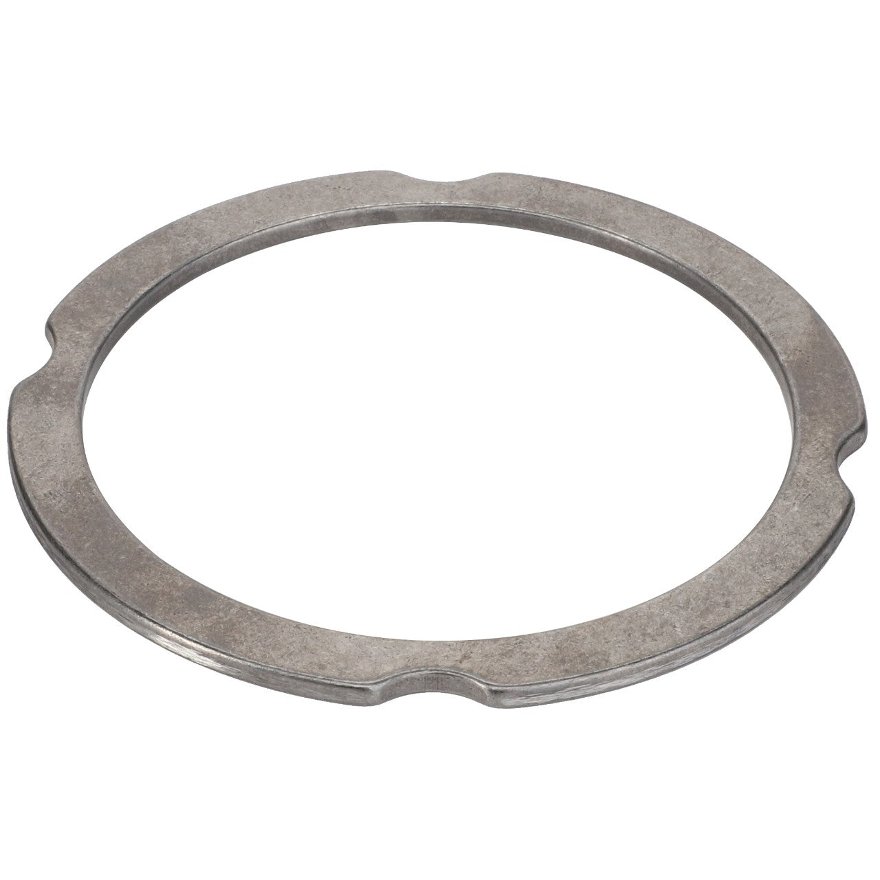 The AGCO | Compensating Ring - F007200210370 is a flat, circular metal ring with a smooth surface and small notches on its inner edge, making it ideal for precision fittings.