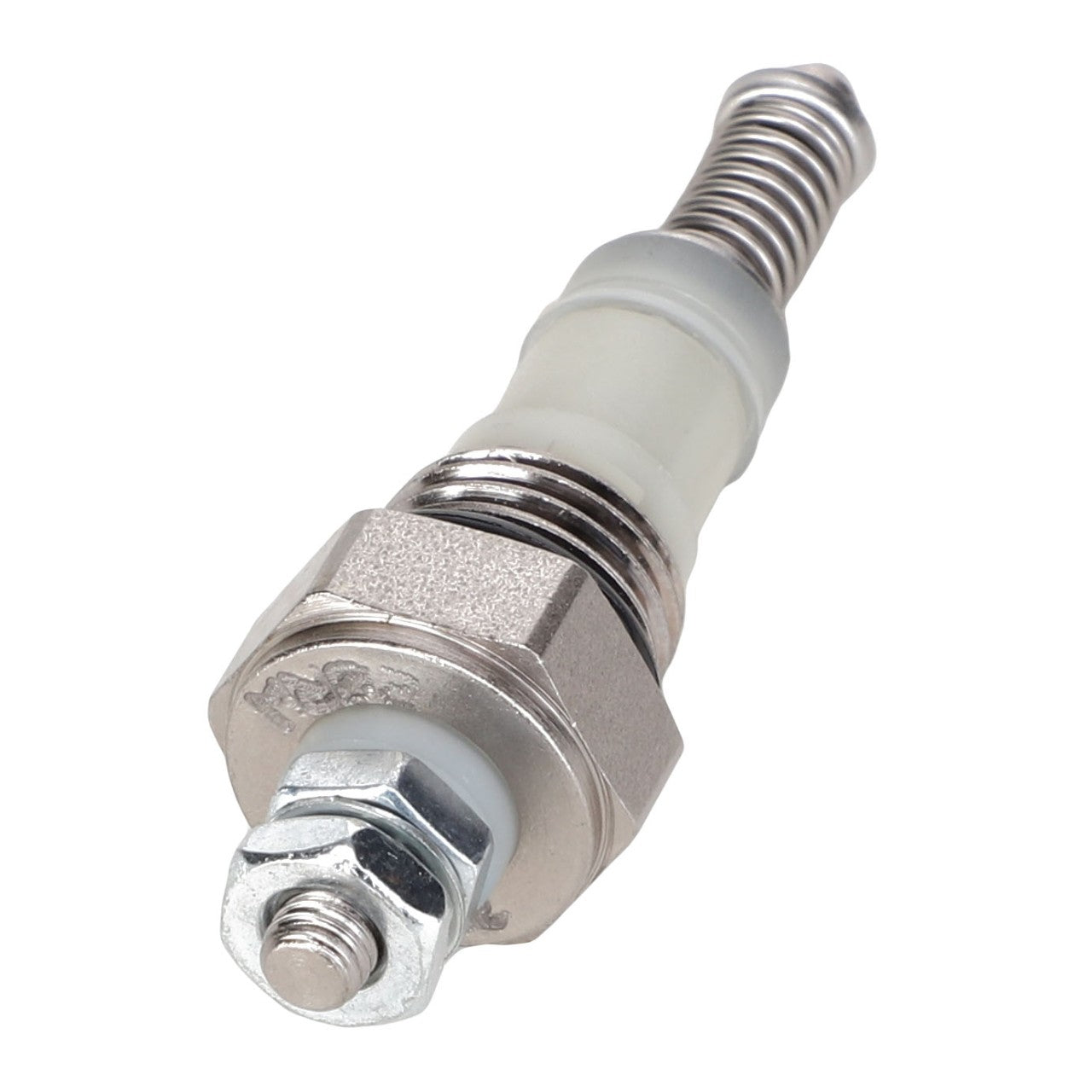 AGCO | INDICATOR - AG717357 spark plug featuring a silver finish, hexagonal base, white ceramic insulator, and threaded end.