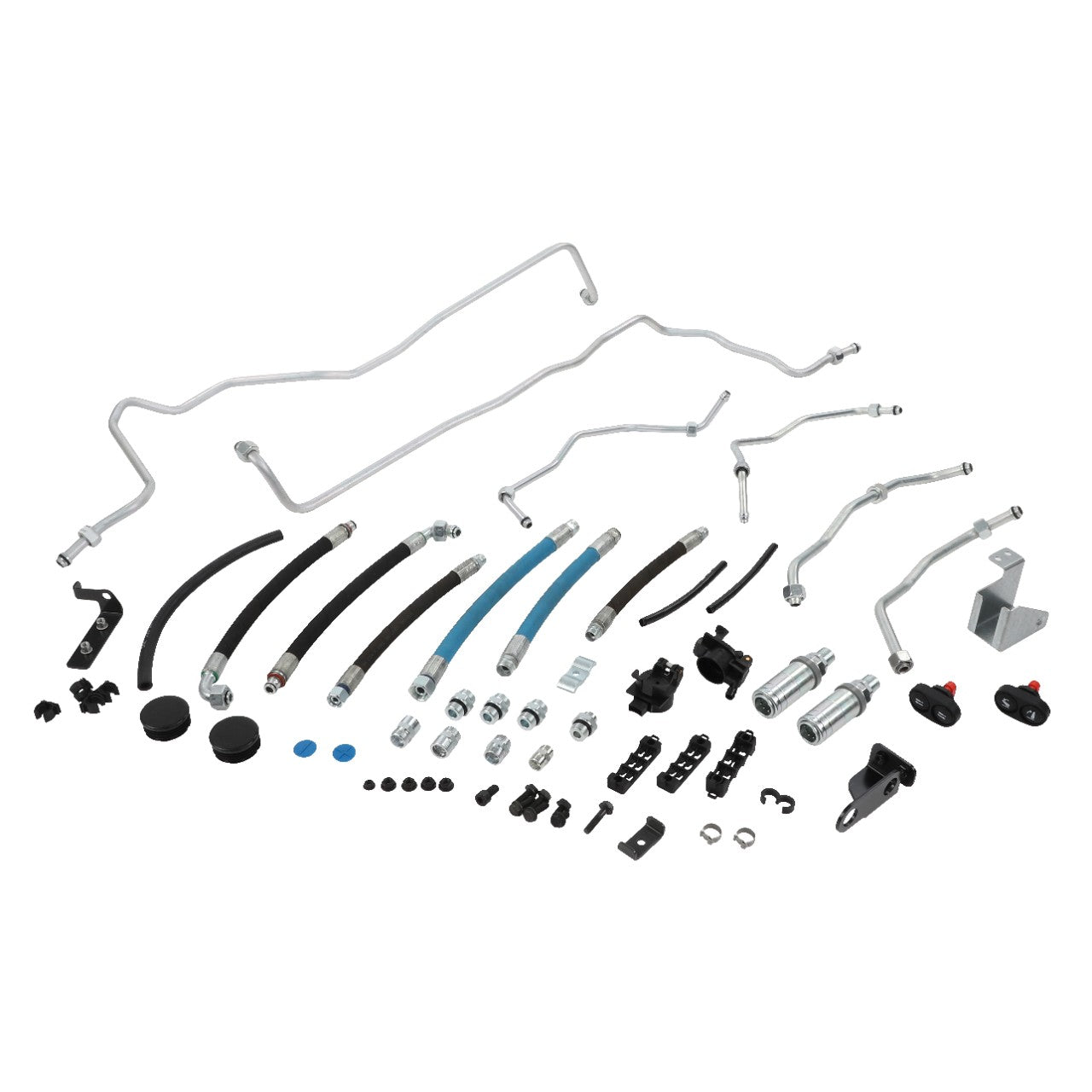 Displayed on a white background is the AGCO Front Quick Coupler - Acp0624230, surrounded by a variety of automotive parts and accessories such as hoses, tubes, clamps, connectors, and bolts. Detailed product description currently not available.