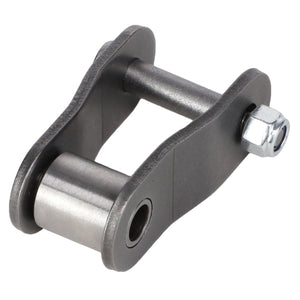 The AGCO Adjustment Link Front Elevator Feeder - Acw1810290 is a metal shackle featuring a cylindrical roller and pin, secured by a nut on one end, designed specifically for high fatigue strength.