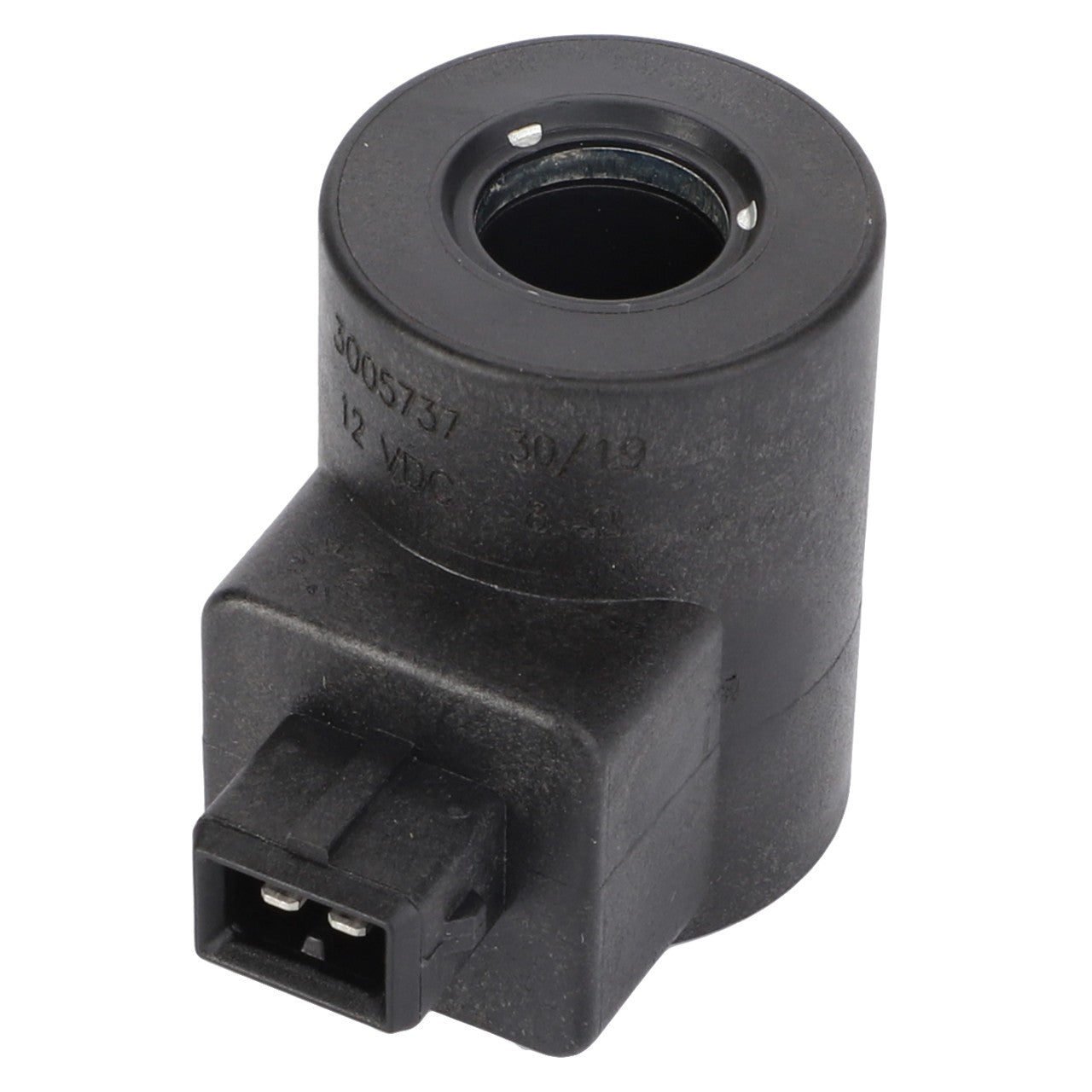 A black cylindrical electromagnetic solenoid valve coil from AGCO, featuring a central hole and a connector plug. Printed markings include "3005737," "12 VDC," and "30/19." This is the AGCO Solenoid - Acp0363550. No Current Product Description Available.