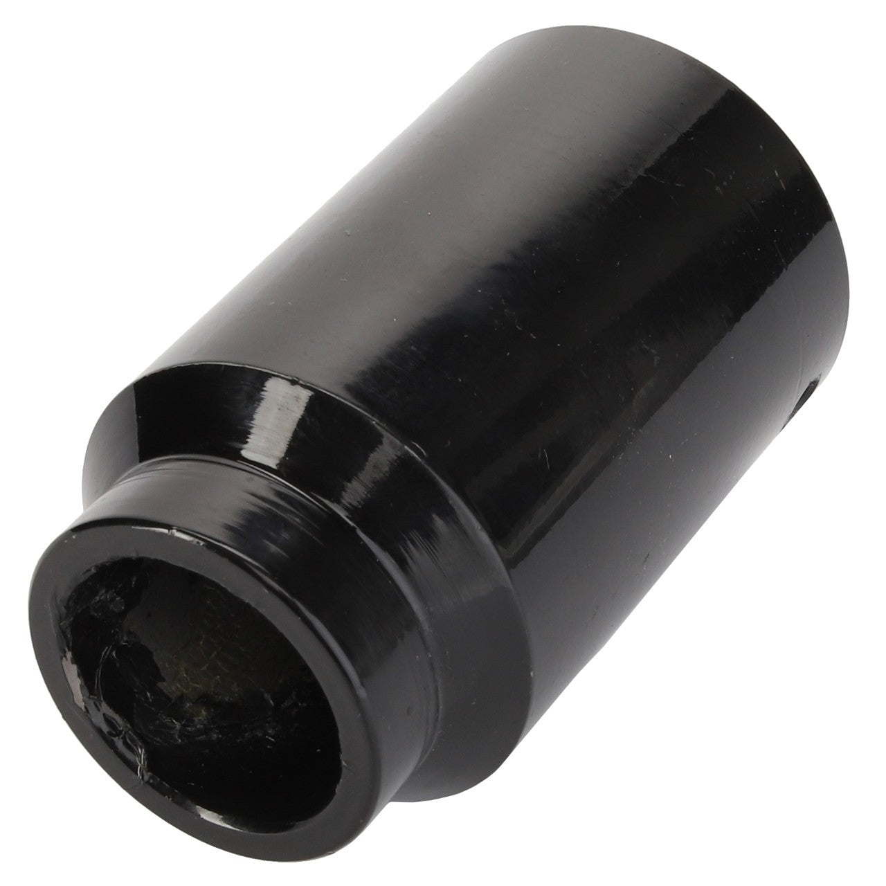 The AGCO | BUSH - D28480091 is a black cylindrical metal component with slightly varying diameters at each end, featuring a smooth surface and a beveled edge at one end.