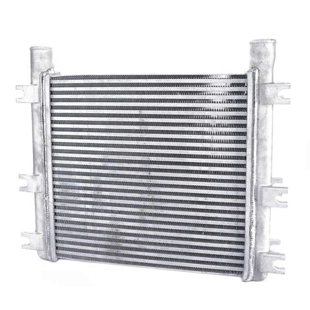 An AGCO Intercooler, Air To Air Type - Acw1081470, featuring a metallic grid-like pattern and multiple connection points to enhance engine efficiency, placed on a white background.