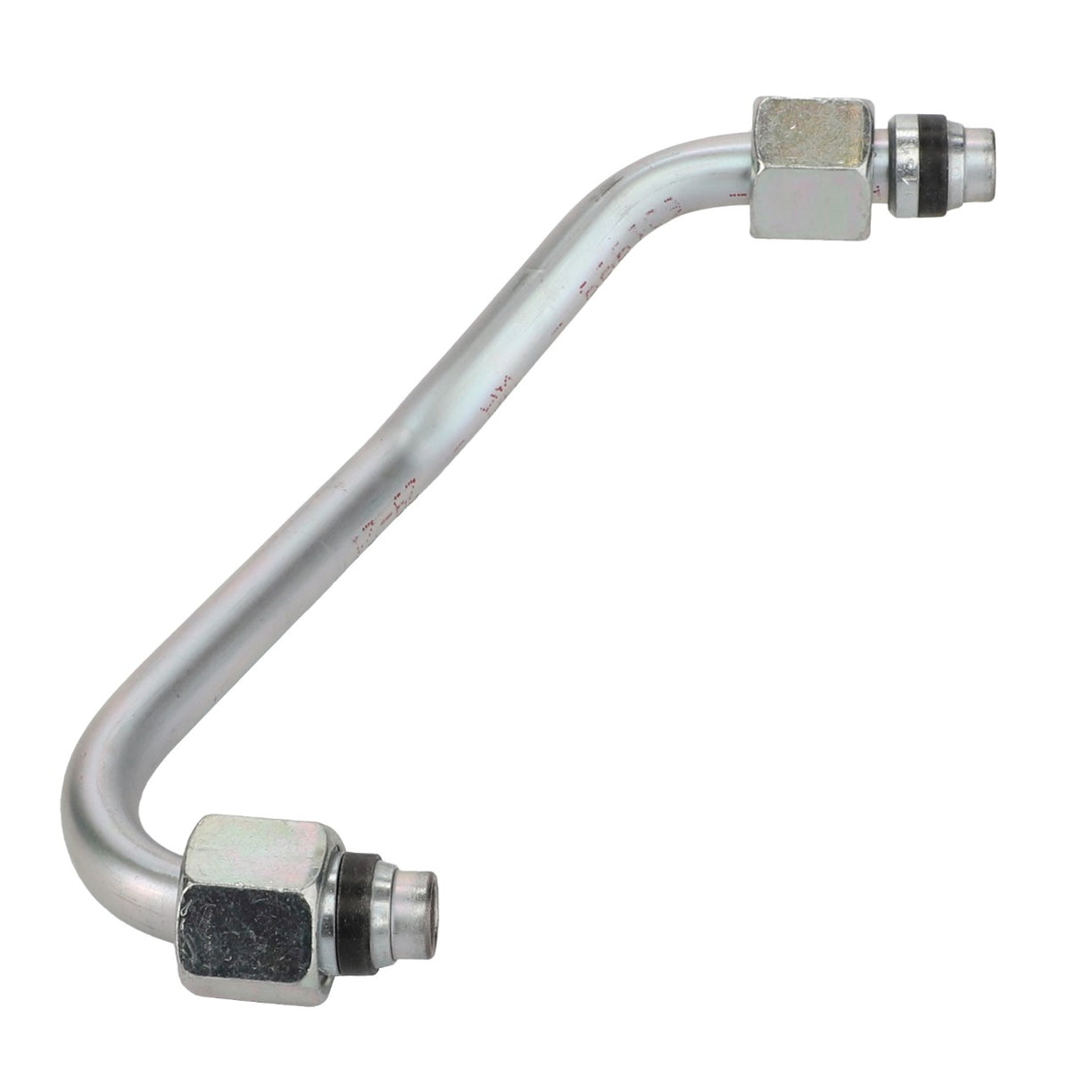 The AGCO | Pipe - Acx2834250 is a metal pipe with a slight bend and nuts at both ends, designed for seamless fluid transfer or connection in machinery systems.