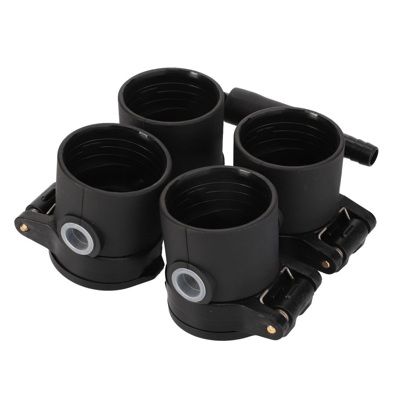 No current product description available for the AGCO Cap - Acp0671400, a set of four black PVC pipe fittings featuring threaded ends and clamp mechanisms.