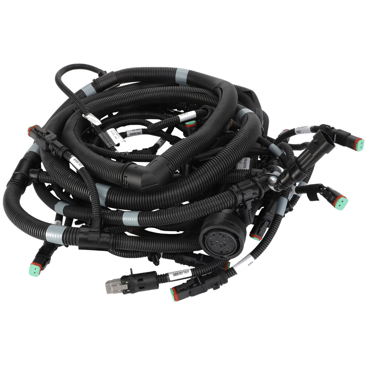 The AGCO Harness, Front Axle Hydraulic - Acx2562880, an automotive wiring harness with multiple connectors and protective sheathing from AGCO Parts Genuine Electrics, ensures machinery reliability.