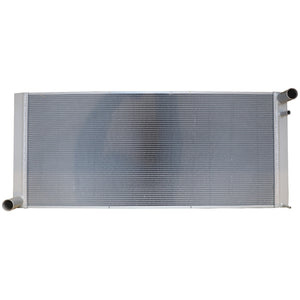 The AGCO WATER COOLER - D28775002 by AGCO is a rectangular aluminum car radiator featuring a unique hexa-grid pattern and two black inlet/outlet pipes on the right side.