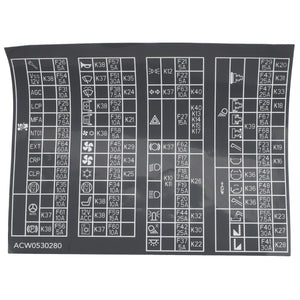 Image of the AGCO | Decal - Acw0530280 depicting various symbols, precise fuse locations, and detailed descriptions of electrical components.